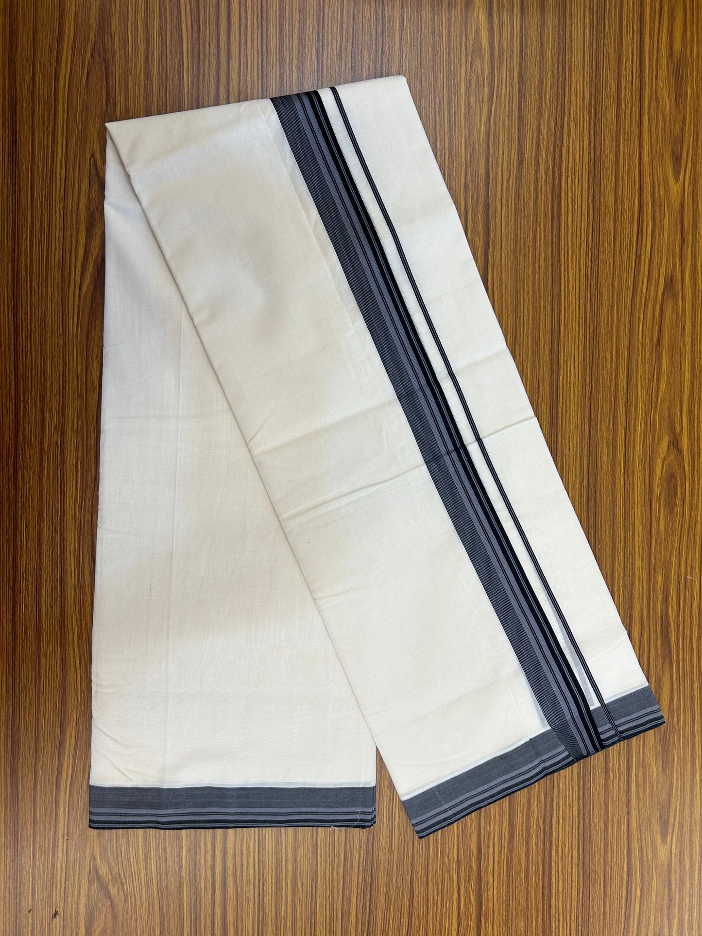 25% Discount!! KaithariKada Handloom Unakkupaav - Kerala Handloom - 100% Pure Cotton Off White - (Unbleached) Double Mundu/Dothi - 100x80 - 1.5 inch Ash & Black Striped Kara 4 mtr (8.5 muzham) - 60 KK5353 REA