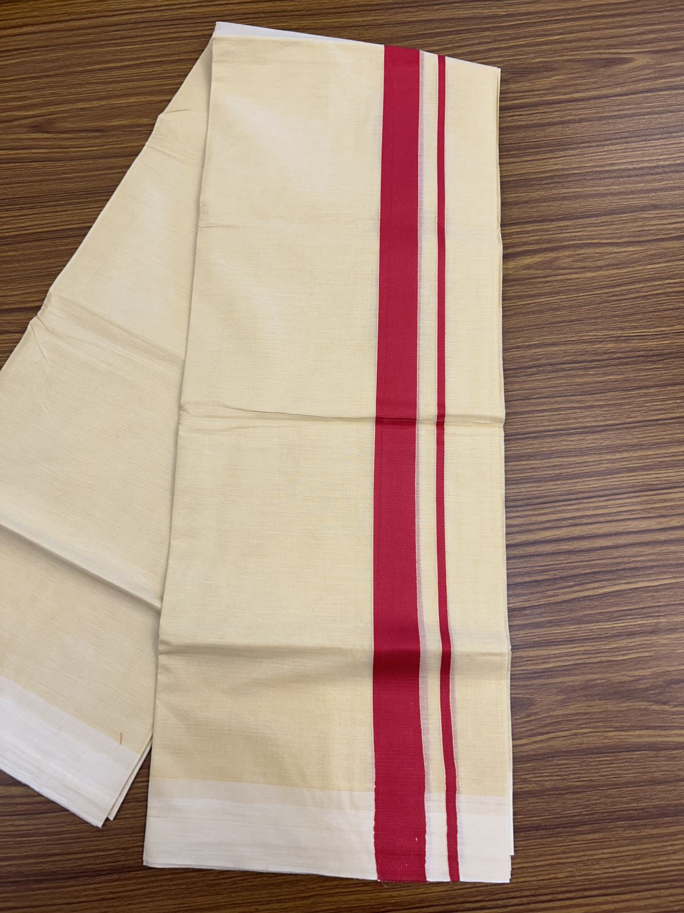 Kannur Kavi - 20% Discount! KaithariKada Balaramapuram  Double Mundu/Dhoti - Pure Cotton - 100x80 - Kannur Yellow colour Body 1.25 Inch Red kara - 4 mtr - 4 KK5322 GAN