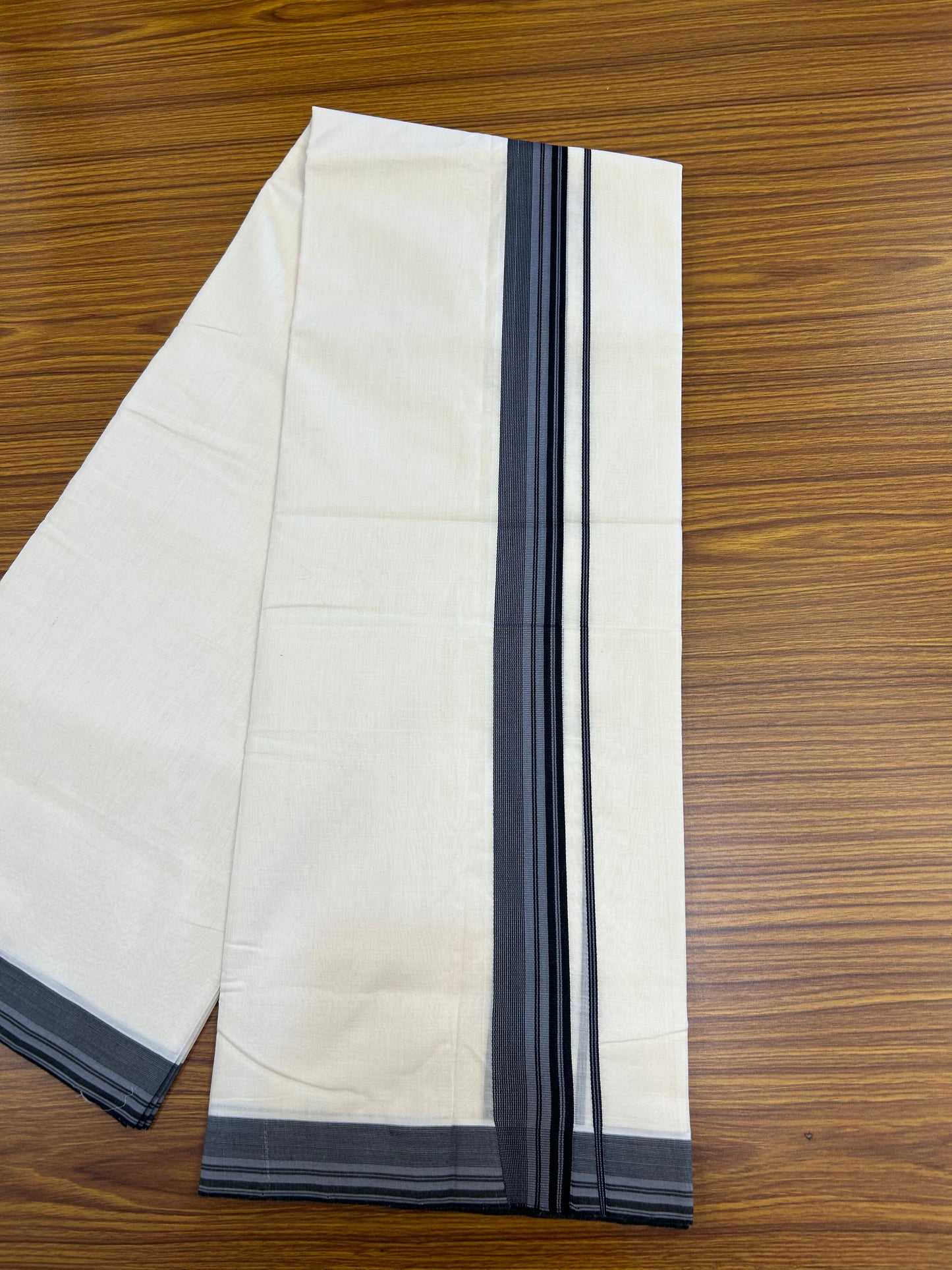 25% Discount!! KaithariKada Handloom Unakkupaav - Kerala Handloom - 100% Pure Cotton Off White - (Unbleached) Double Mundu/Dothi - 100x80 - 1.5 inch Ash & Black Striped Kara 4 mtr (8.5 muzham) - 60 KK5353 REA