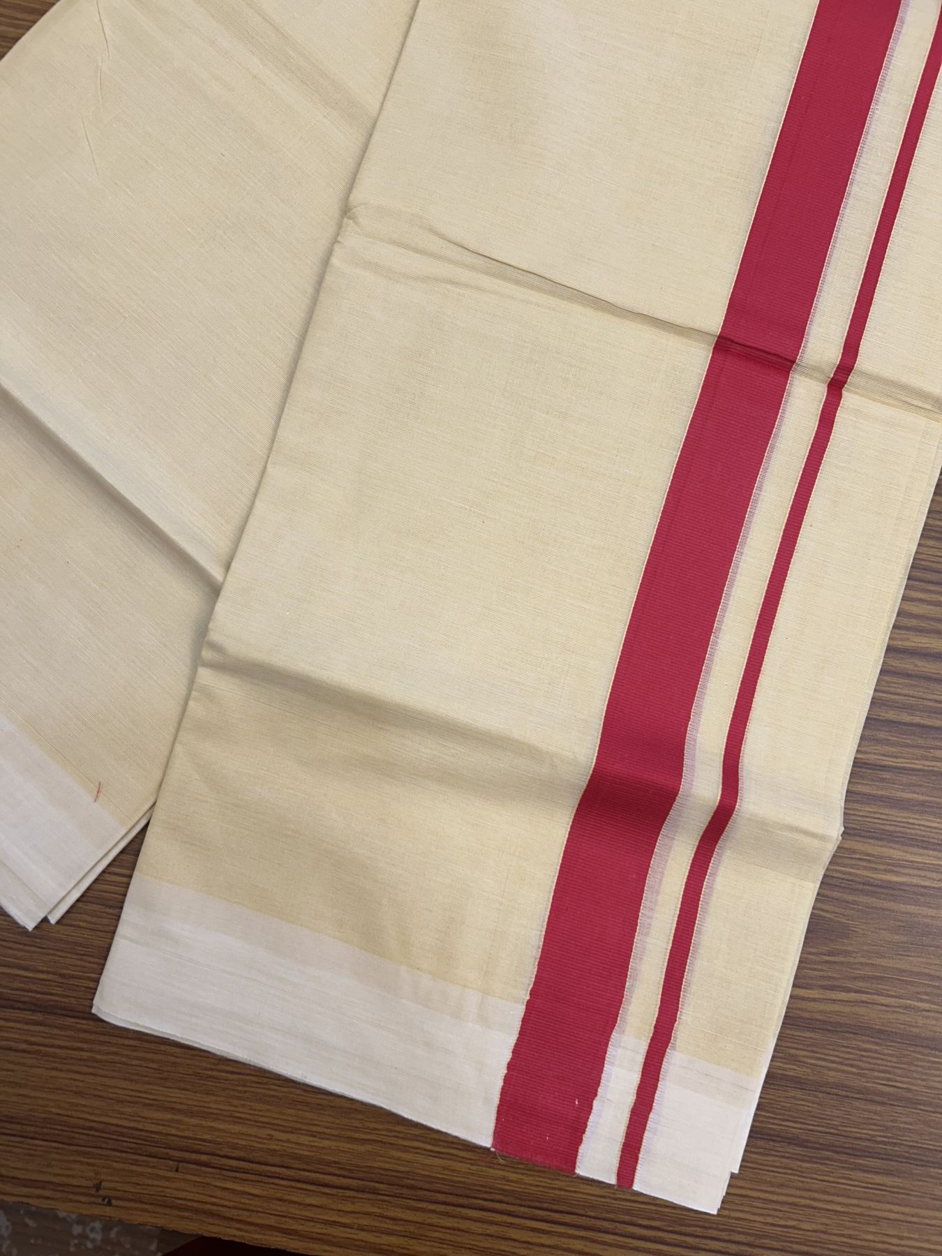 Kannur Kavi - 20% Discount! KaithariKada Balaramapuram  Double Mundu/Dhoti - Pure Cotton - 100x80 - Kannur Yellow colour Body 1.25 Inch Red kara - 4 mtr - 4 KK5322 GAN