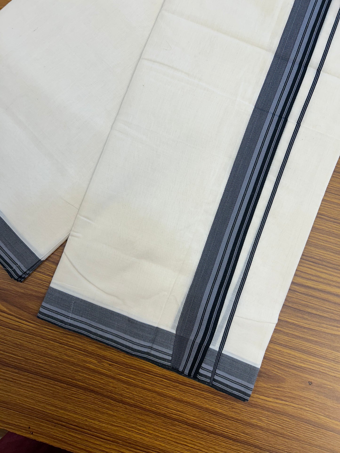 25% Discount!! KaithariKada Handloom Unakkupaav - Kerala Handloom - 100% Pure Cotton Off White - (Unbleached) Double Mundu/Dothi - 100x80 - 1.5 inch Ash & Black Striped Kara 4 mtr (8.5 muzham) - 60 KK5353 REA