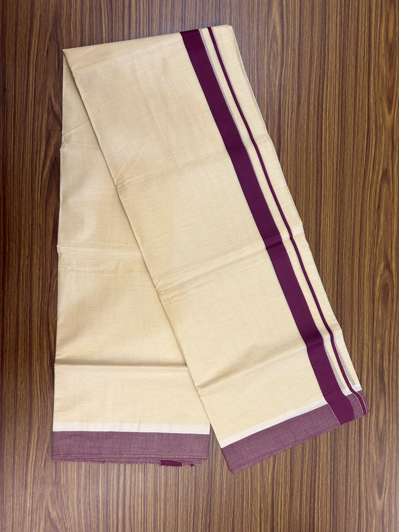 Kannur Kavi - 20% Discount! KaithariKada Balaramapuram  Double Mundu/Dhoti - Pure Cotton - 100x80 - Kannur Yellow colour Body 1 Inch Wine Purple kara - 4 mtr - 5 KK5322 GAN