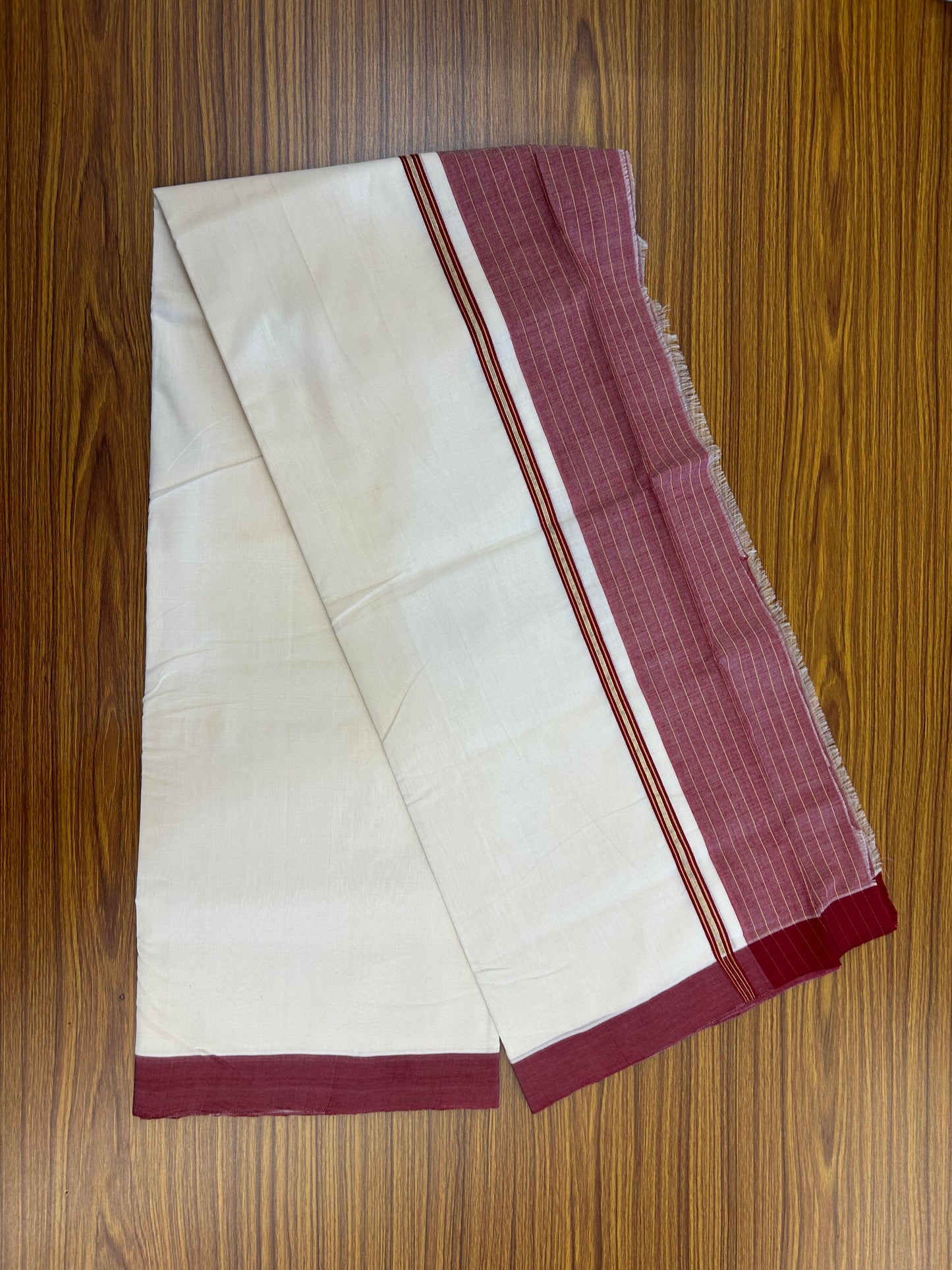 25% Discount!! KaithariKada Handloom Unakkupaav - Kerala Handloom - 100% Pure Cotton Off White (Unbleached) Double Mundu/Dothi - 100x80 - 5.5 inch Pure Jerry Gold Kasav & Maroon Stripes Kara 4 mtr (8.5 muzham) - 62 KK5353 REA