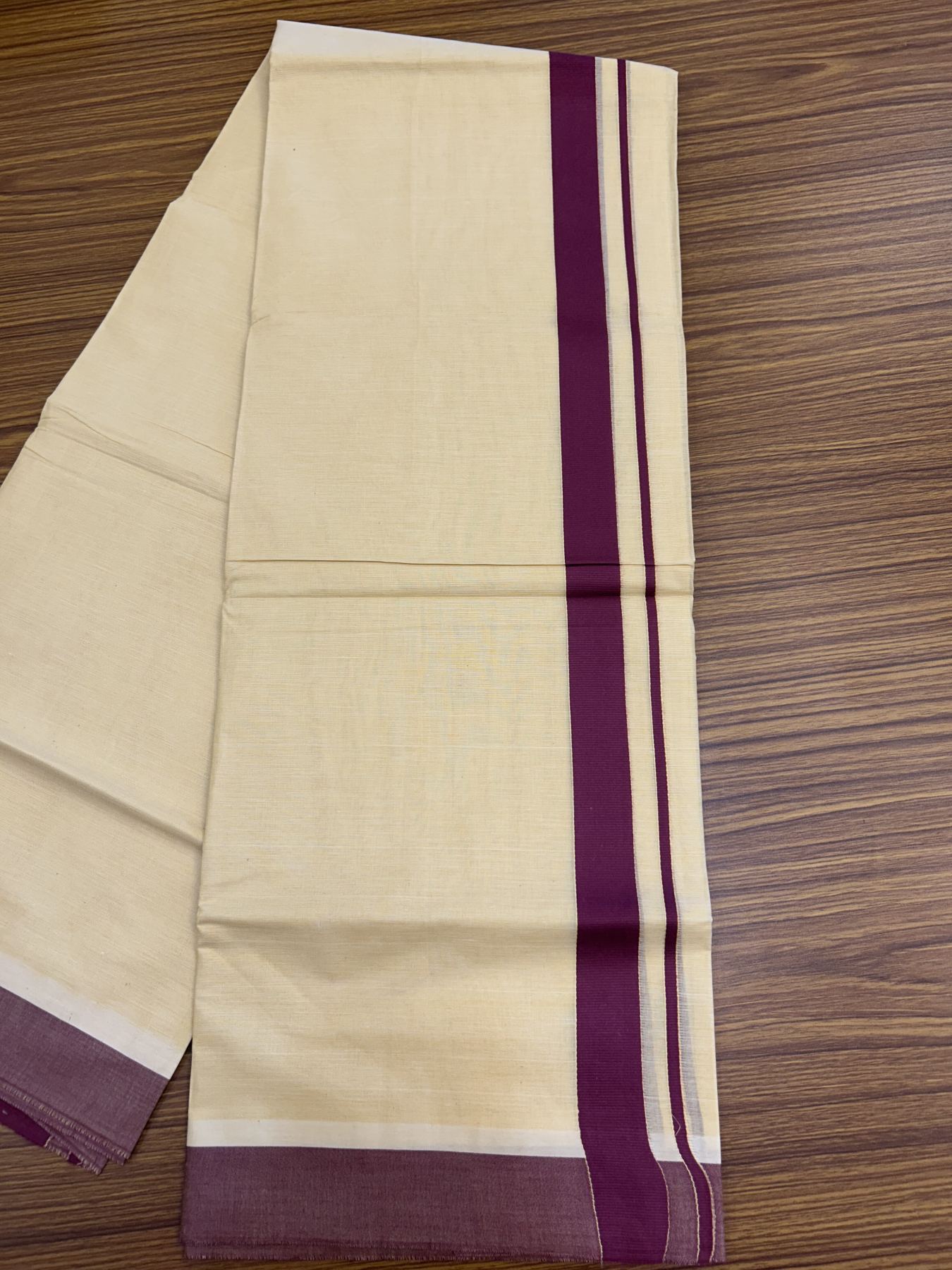 Kannur Kavi - 20% Discount! KaithariKada Balaramapuram  Double Mundu/Dhoti - Pure Cotton - 100x80 - Kannur Yellow colour Body 1 Inch Wine Purple kara - 4 mtr - 5 KK5322 GAN