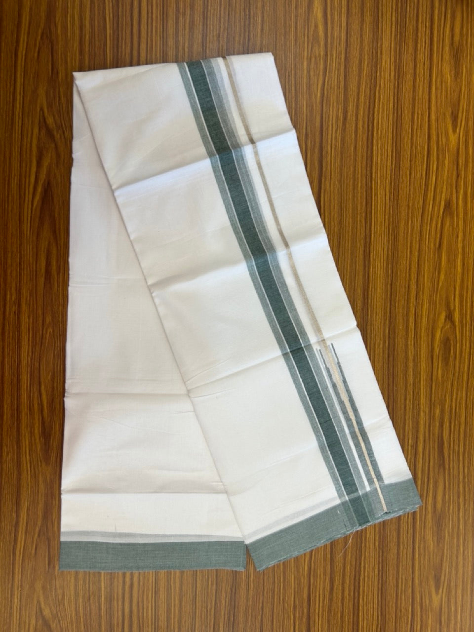 20% Discount ! Kaitharikada Balaramapuram 100% Pure Cotton Double Pure White Mundu/Dhoti - 100x80 - 1.5 inch Silver Kasav Green shaded striped chutty 3.90 mtr (8.5 muzham) - 66 KK5287 PMC