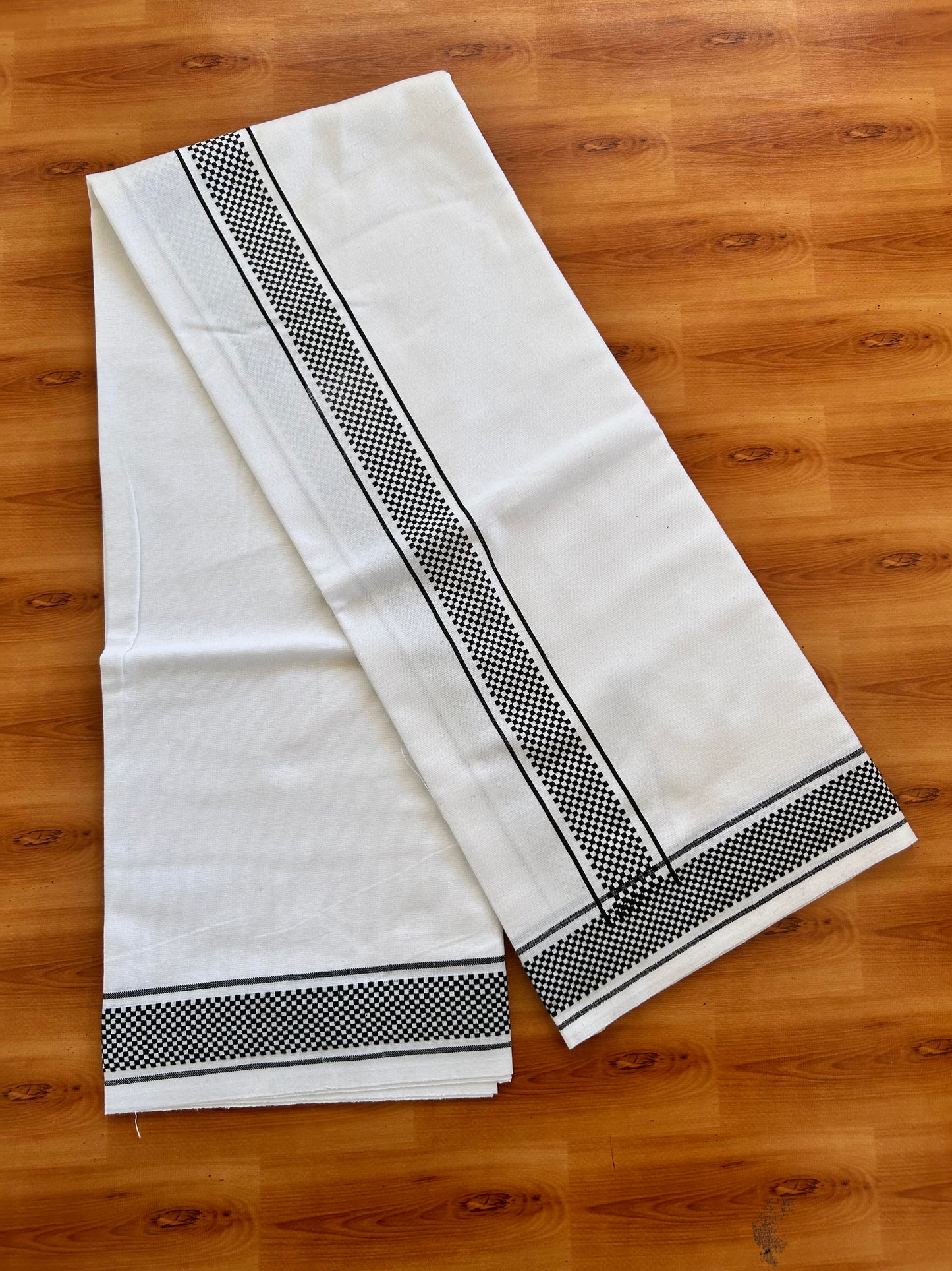 Kaitharikada - Single Kaily / Lungi - Mixed Cotton - 40s twisted - 2 inch Black Check Printed Design Kara with White colour body (2 meter / 4 muzham) -  46 KK8062 GAN