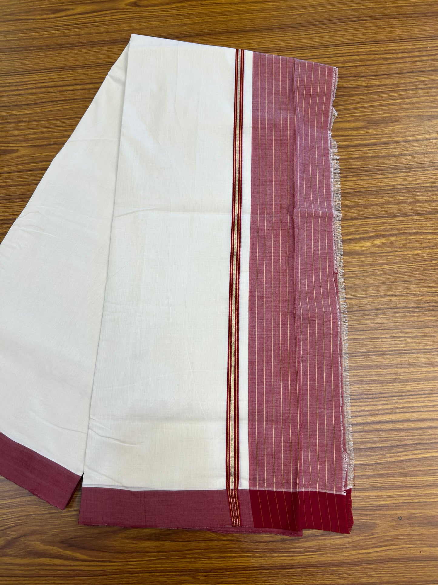 25% Discount!! KaithariKada Handloom Unakkupaav - Kerala Handloom - 100% Pure Cotton Off White (Unbleached) Double Mundu/Dothi - 100x80 - 5.5 inch Pure Jerry Gold Kasav & Maroon Stripes Kara 4 mtr (8.5 muzham) - 62 KK5353 REA