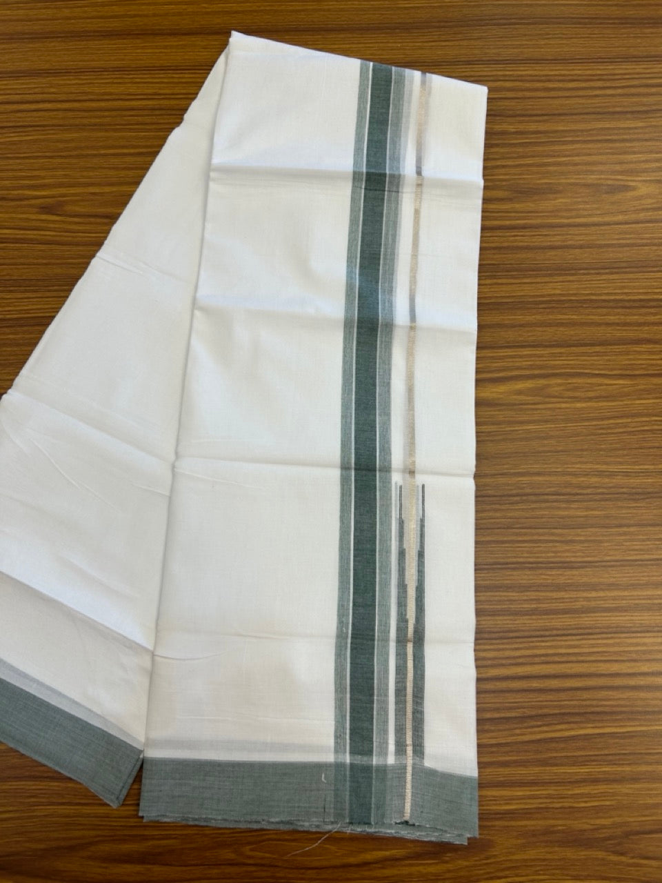 20% Discount ! Kaitharikada Balaramapuram 100% Pure Cotton Double Pure White Mundu/Dhoti - 100x80 - 1.5 inch Silver Kasav Green shaded striped chutty 3.90 mtr (8.5 muzham) - 66 KK5287 PMC