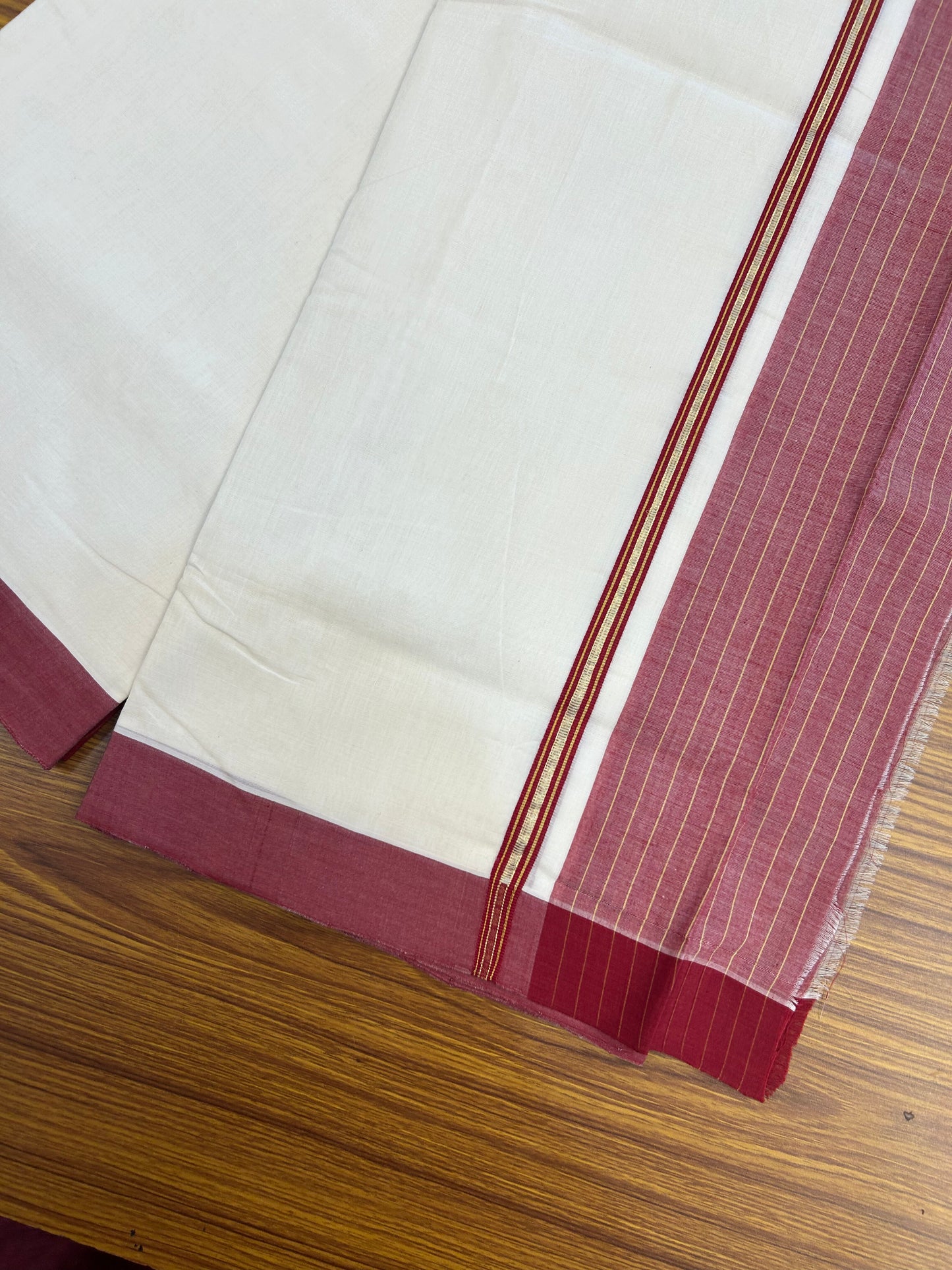 25% Discount!! KaithariKada Handloom Unakkupaav - Kerala Handloom - 100% Pure Cotton Off White (Unbleached) Double Mundu/Dothi - 100x80 - 5.5 inch Pure Jerry Gold Kasav & Maroon Stripes Kara 4 mtr (8.5 muzham) - 62 KK5353 REA