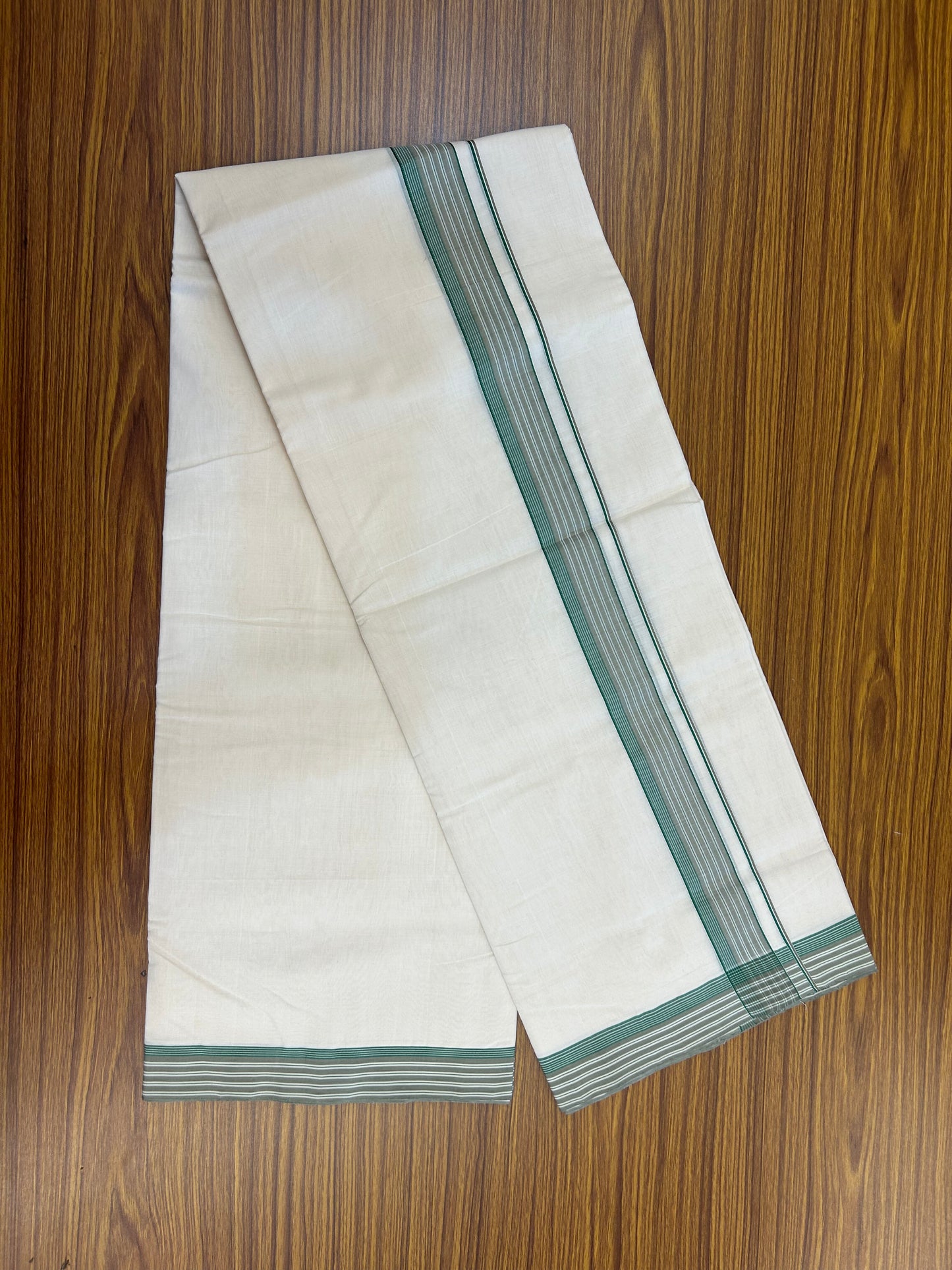 25% Discount!! KaithariKada Handloom Unakkupaav - Kerala Handloom - 100% Pure Cotton Off White - (Unbleached) Double Mundu/Dothi - 100x80 - 1.5 inch Sand & Green Striped Kara 4 mtr (8.5 muzham) - 63 KK5353 REA