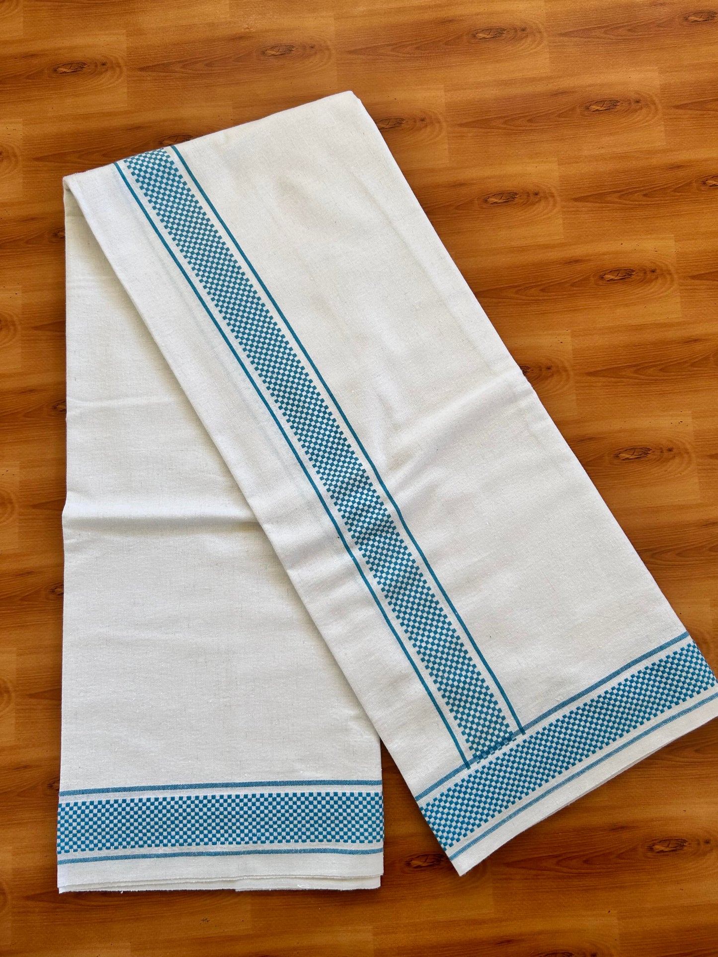 Kaitharikada - Single Kaily / Lungi - Mixed Cotton - 40s twisted - 2 inch Sky Blue Check Printed Design Kara with White colour body (2 meter / 4 muzham) -  47 KK8062 GAN