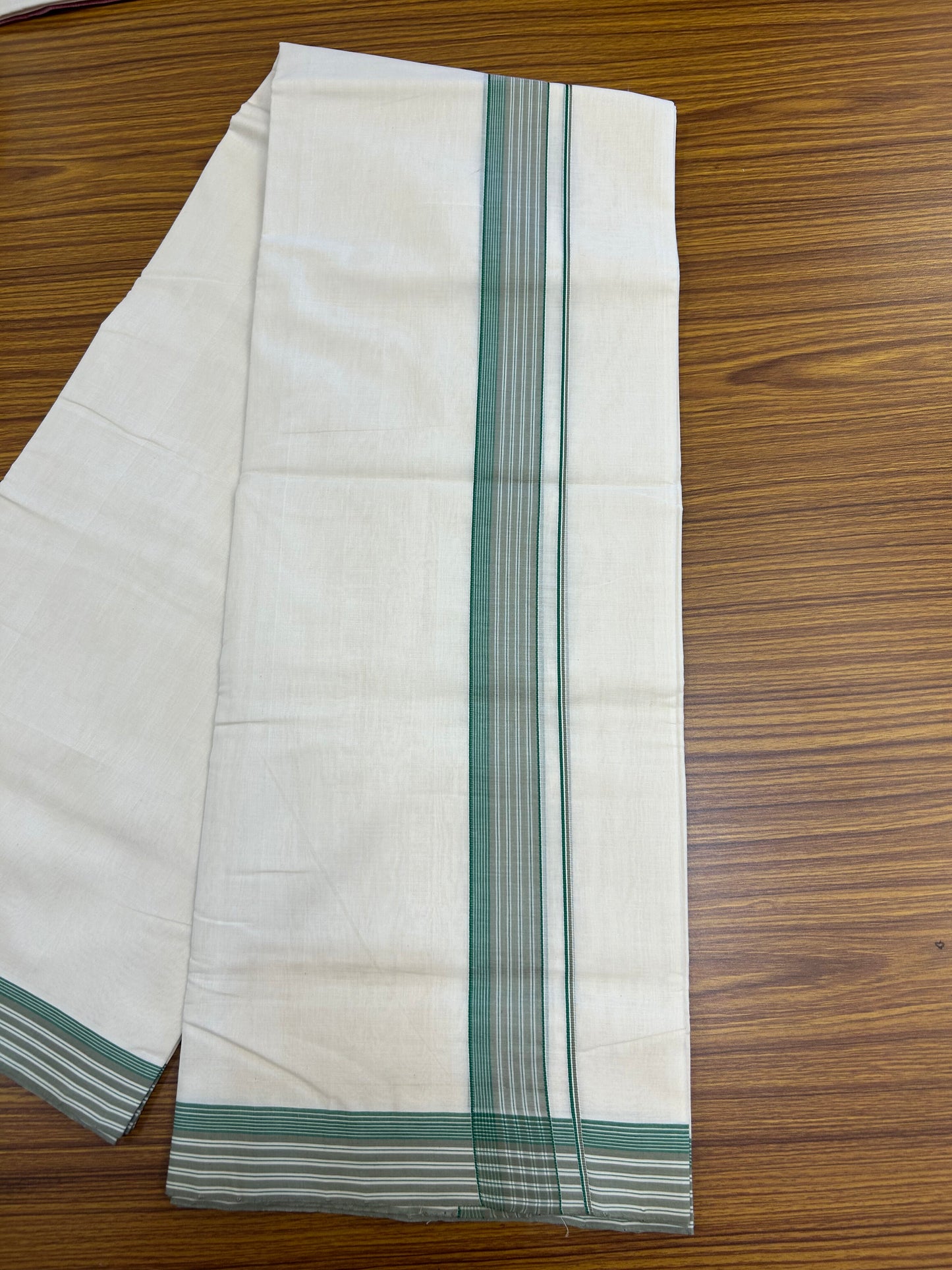 25% Discount!! KaithariKada Handloom Unakkupaav - Kerala Handloom - 100% Pure Cotton Off White - (Unbleached) Double Mundu/Dothi - 100x80 - 1.5 inch Sand & Green Striped Kara 4 mtr (8.5 muzham) - 63 KK5353 REA