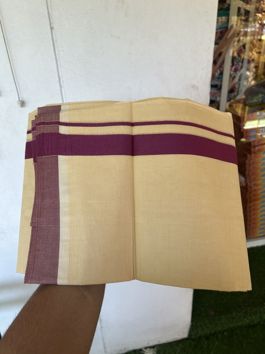 Kannur Kavi - 20% Discount! KaithariKada Balaramapuram  Double Mundu/Dhoti - Pure Cotton - 100x80 - Kannur Yellow colour Body 1 Inch Wine Purple kara - 4 mtr - 5 KK5322 GAN