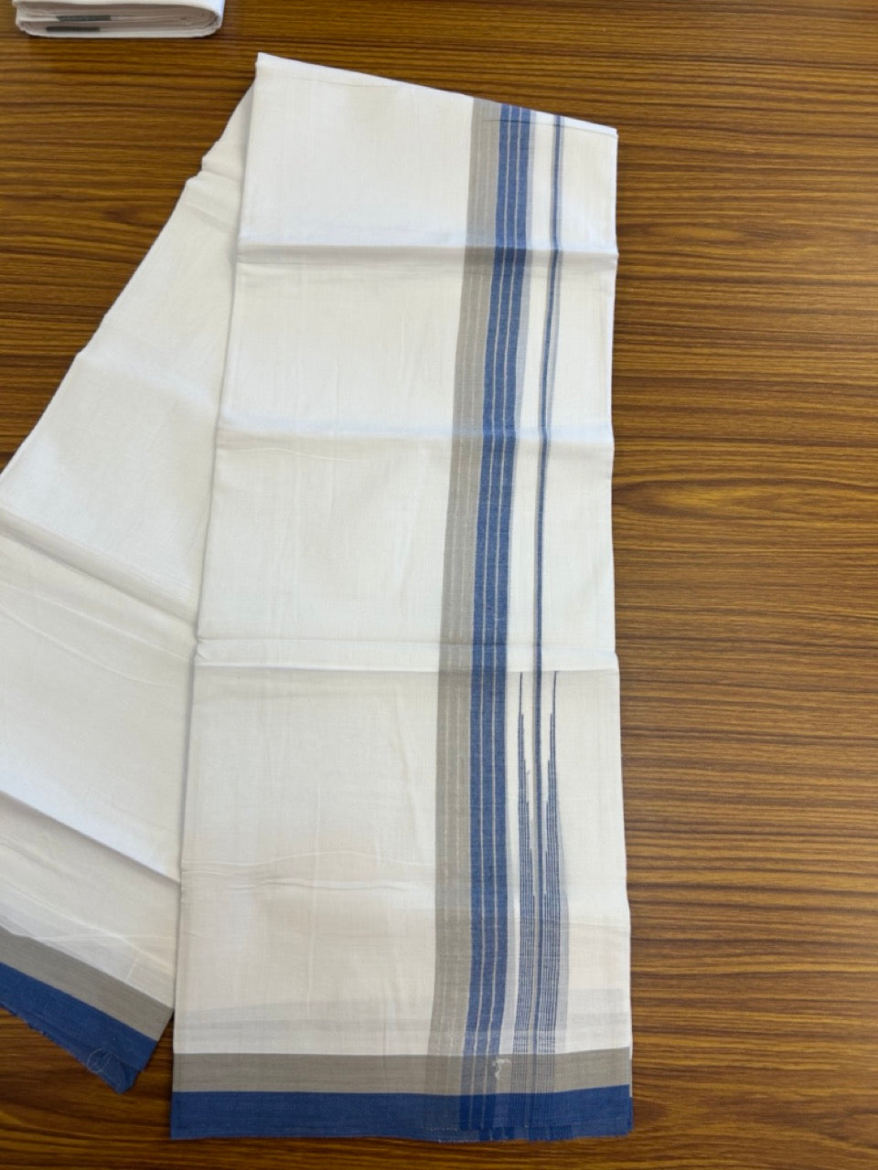 20% Discount ! Kaitharikada Balaramapuram 100% Pure Cotton Double Pure White Mundu/Dhoti - 100x80 - 1.5 inch Silver Kasav Blue & Ash Grey striped chutty 3.90 mtr (8.5 muzham) - 85 KK5287 PMC