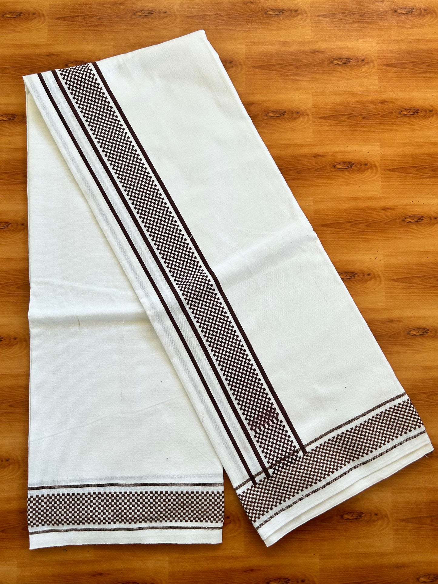 Kaitharikada - Single Kaily / Lungi - Mixed Cotton - 40s twisted - 2 inch Dark Brown Check Printed Design Kara with White colour body (2 meter / 4 muzham) -  45 KK8062 GAN