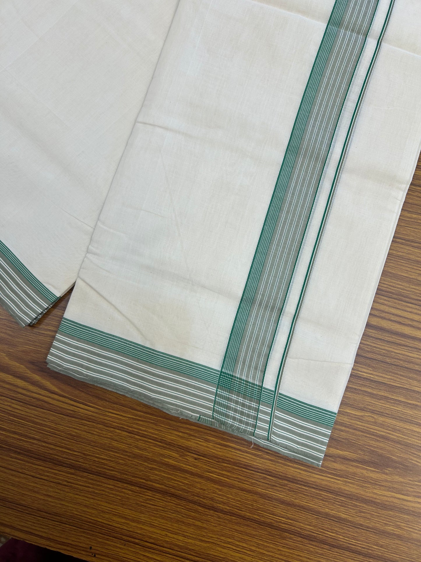 25% Discount!! KaithariKada Handloom Unakkupaav - Kerala Handloom - 100% Pure Cotton Off White - (Unbleached) Double Mundu/Dothi - 100x80 - 1.5 inch Sand & Green Striped Kara 4 mtr (8.5 muzham) - 63 KK5353 REA