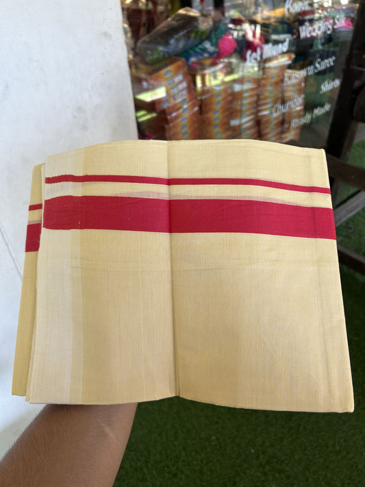 Kannur Kavi - 20% Discount! KaithariKada Balaramapuram  Double Mundu/Dhoti - Pure Cotton - 100x80 - Kannur Yellow colour Body 1.25 Inch Red kara - 4 mtr - 4 KK5322 GAN