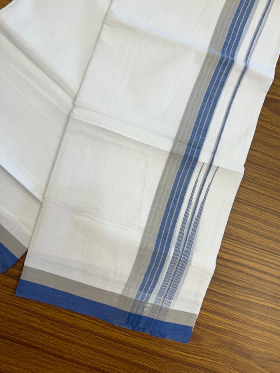 20% Discount ! Kaitharikada Balaramapuram 100% Pure Cotton Double Pure White Mundu/Dhoti - 100x80 - 1.5 inch Silver Kasav Blue & Ash Grey striped chutty 3.90 mtr (8.5 muzham) - 85 KK5287 PMC
