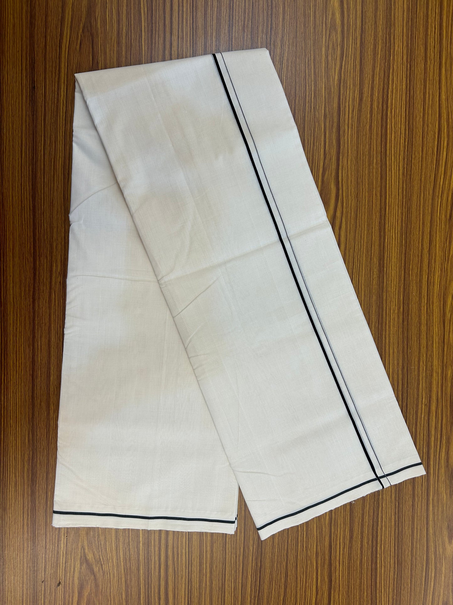 25% Discount!! KaithariKada Handloom Unakkupaav - Kerala Handloom - 100% Pure Cotton Off White - (Unbleached) Double Mundu/Dothi - 100x80 - 0.5 cm Black Kara 4 mtr (8.5 muzham) - 64 KK5353 REA