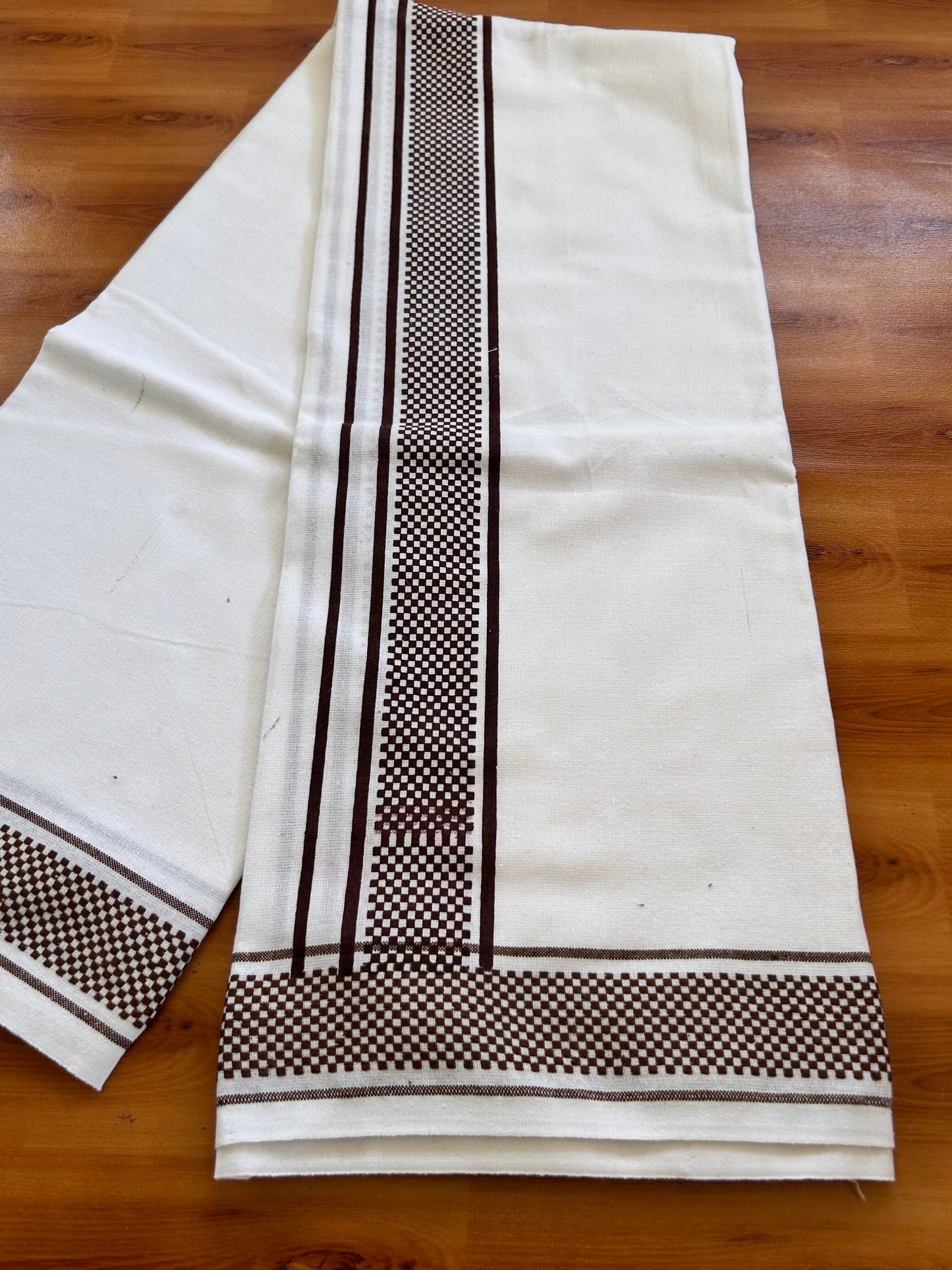 Kaitharikada - Single Kaily / Lungi - Mixed Cotton - 40s twisted - 2 inch Dark Brown Check Printed Design Kara with White colour body (2 meter / 4 muzham) -  45 KK8062 GAN