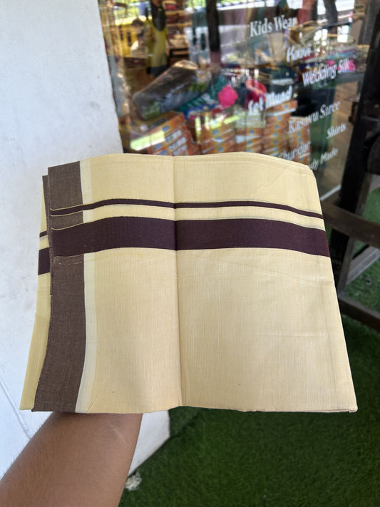Kannur Kavi - 20% Discount! KaithariKada Balaramapuram  Double Mundu/Dhoti - Pure Cotton - 100x80 - Kannur Yellow colour Body 1.25 Inch Brown kara - 4 mtr - 3 KK5322 GAN