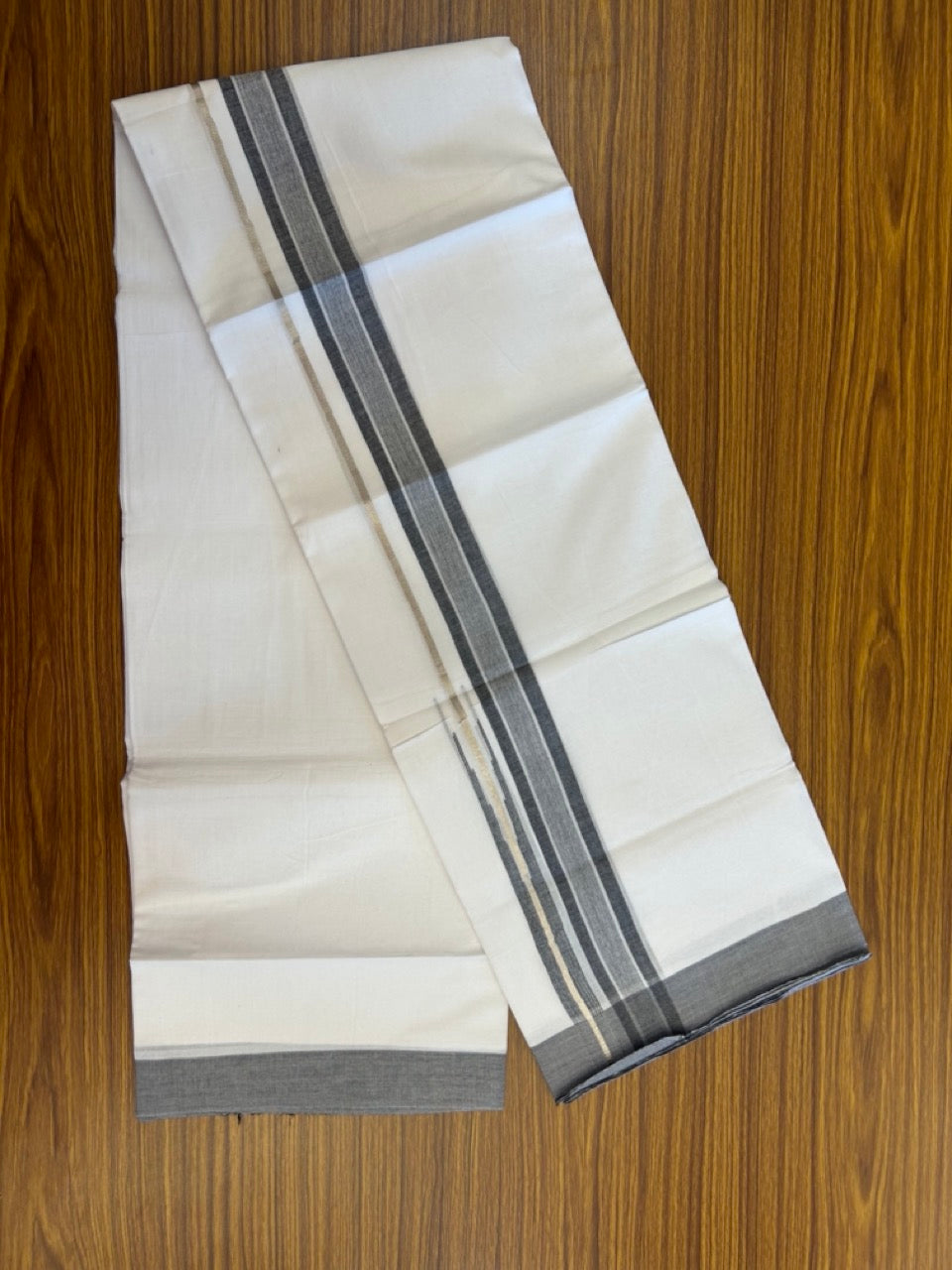 20% Discount ! Kaitharikada Balaramapuram 100% Pure Cotton Double Pure White Mundu/Dhoti - 100x80 - 1.5 inch Silver Kasav Black shaded striped chutty 3.90 mtr (8.5 muzham) - 64 KK5287 PMC