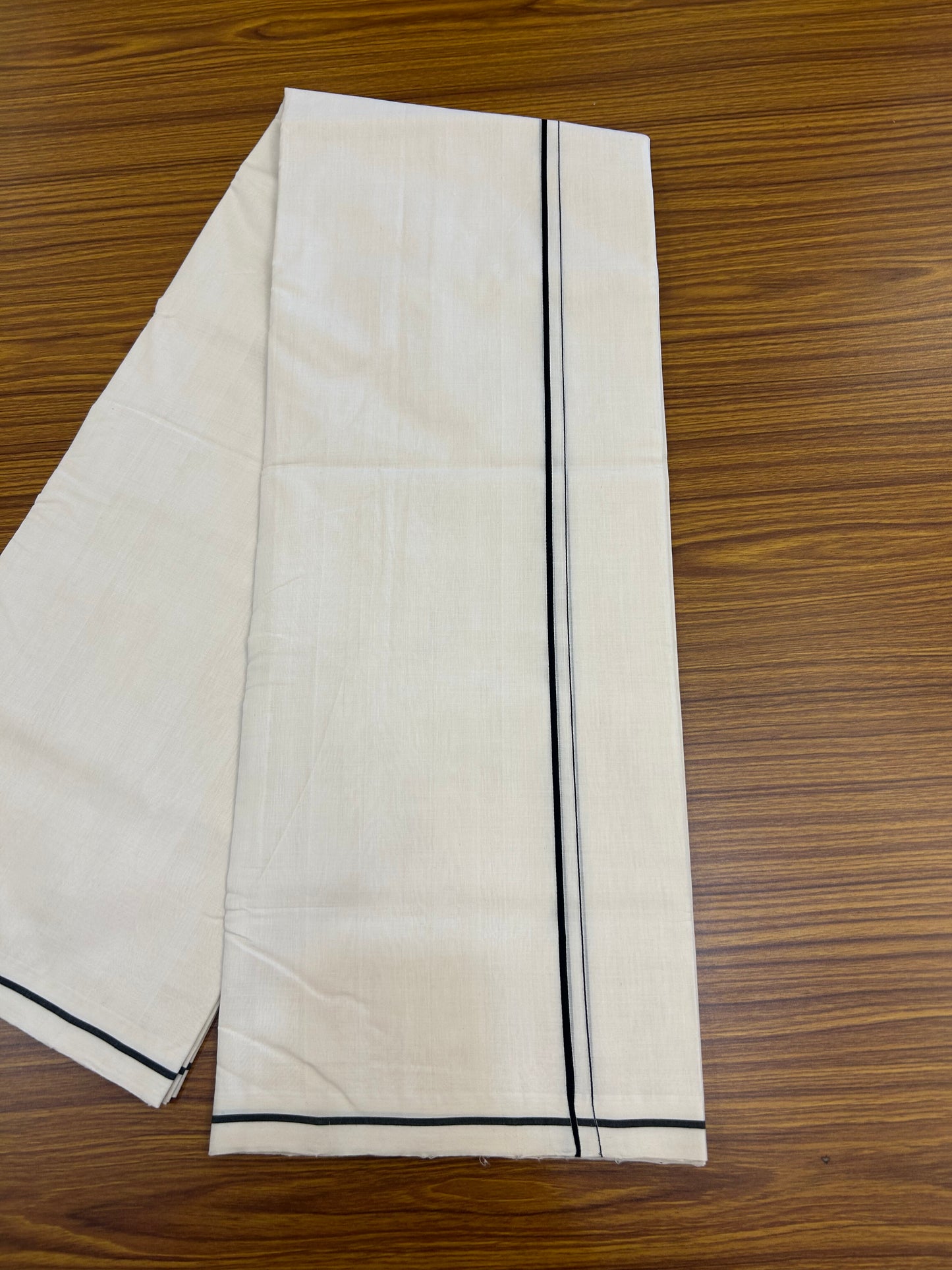 25% Discount!! KaithariKada Handloom Unakkupaav - Kerala Handloom - 100% Pure Cotton Off White - (Unbleached) Double Mundu/Dothi - 100x80 - 0.5 cm Black Kara 4 mtr (8.5 muzham) - 64 KK5353 REA