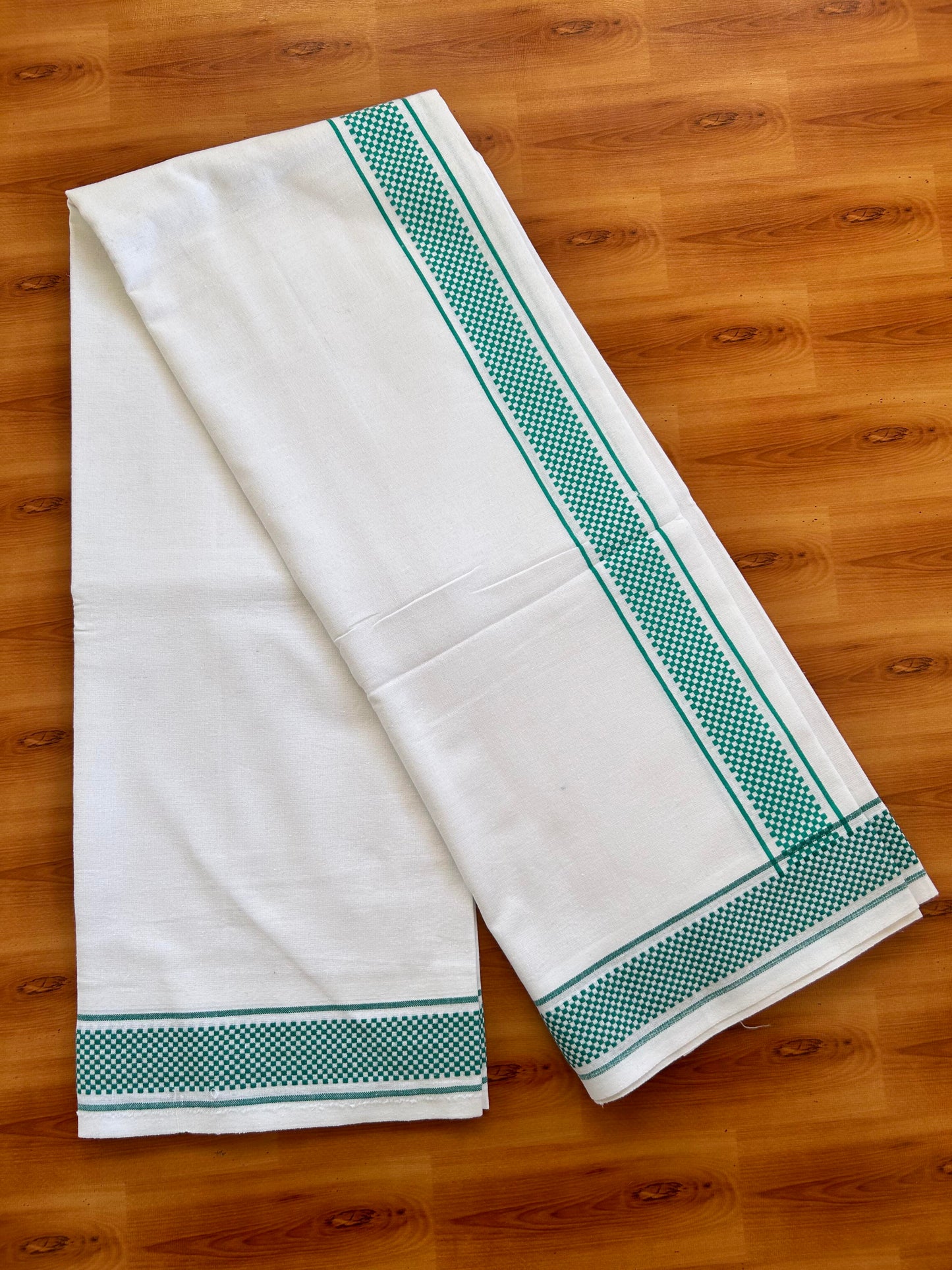 Kaitharikada - Single Kaily / Lungi - Mixed Cotton - 40s twisted - 2 inch Turquoise Blue Check Printed Design Kara with White colour body (2 meter / 4 muzham) -  44 KK8062 GAN
