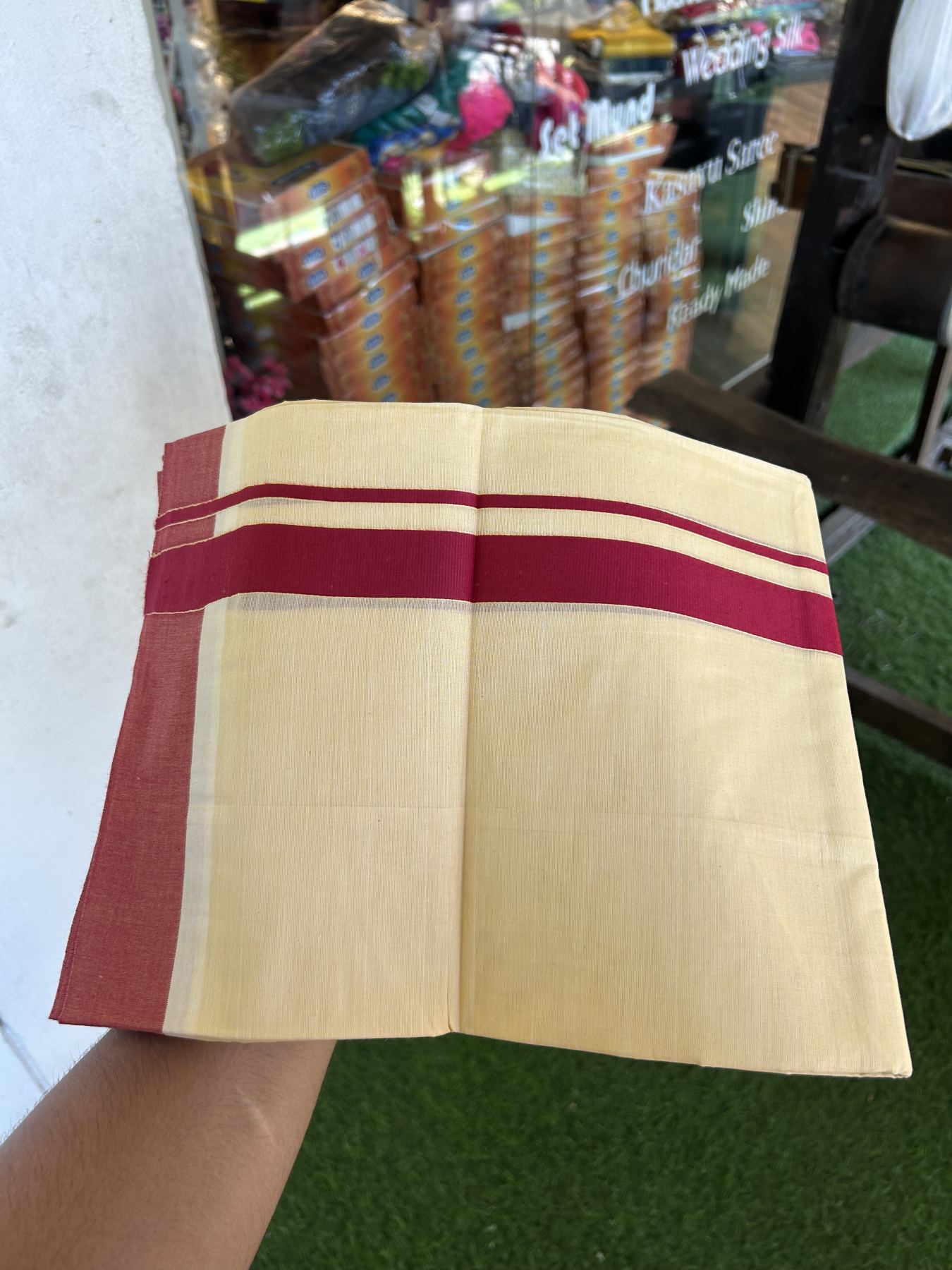 Kannur Kavi - 20% Discount! KaithariKada Balaramapuram  Double Mundu/Dhoti - Pure Cotton - 100x80 - Kannur Yellow colour Body 1.25 Inch Maroon Red kara - 4 mtr - 2 KK5322 GAN