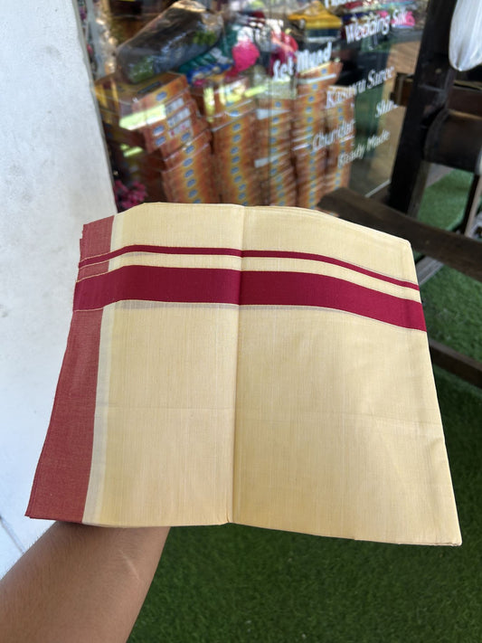 Kannur Kavi - 20% Discount! KaithariKada Balaramapuram  Double Mundu/Dhoti - Pure Cotton - 100x80 - Kannur Yellow colour Body 1.25 Inch Maroon Red kara - 4 mtr - 2 KK5322 GAN