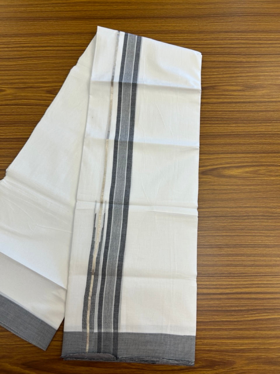 20% Discount ! Kaitharikada Balaramapuram 100% Pure Cotton Double Pure White Mundu/Dhoti - 100x80 - 1.5 inch Silver Kasav Black shaded striped chutty 3.90 mtr (8.5 muzham) - 64 KK5287 PMC