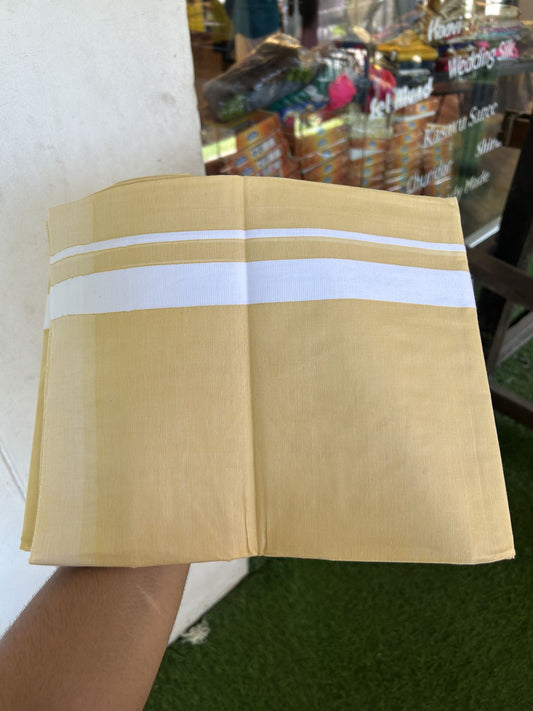 Kannur Kavi - 20% Discount! KaithariKada Balaramapuram  Double Mundu/Dhoti - Pure Cotton - 100x80 - Kannur Yellow colour Body 1 Inch White kara - 4 mtr - 1 KK5322 GAN