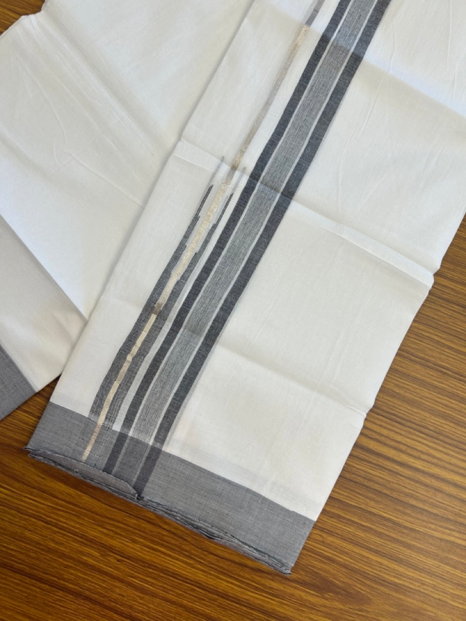 20% Discount ! Kaitharikada Balaramapuram 100% Pure Cotton Double Pure White Mundu/Dhoti - 100x80 - 1.5 inch Silver Kasav Black shaded striped chutty 3.90 mtr (8.5 muzham) - 64 KK5287 PMC