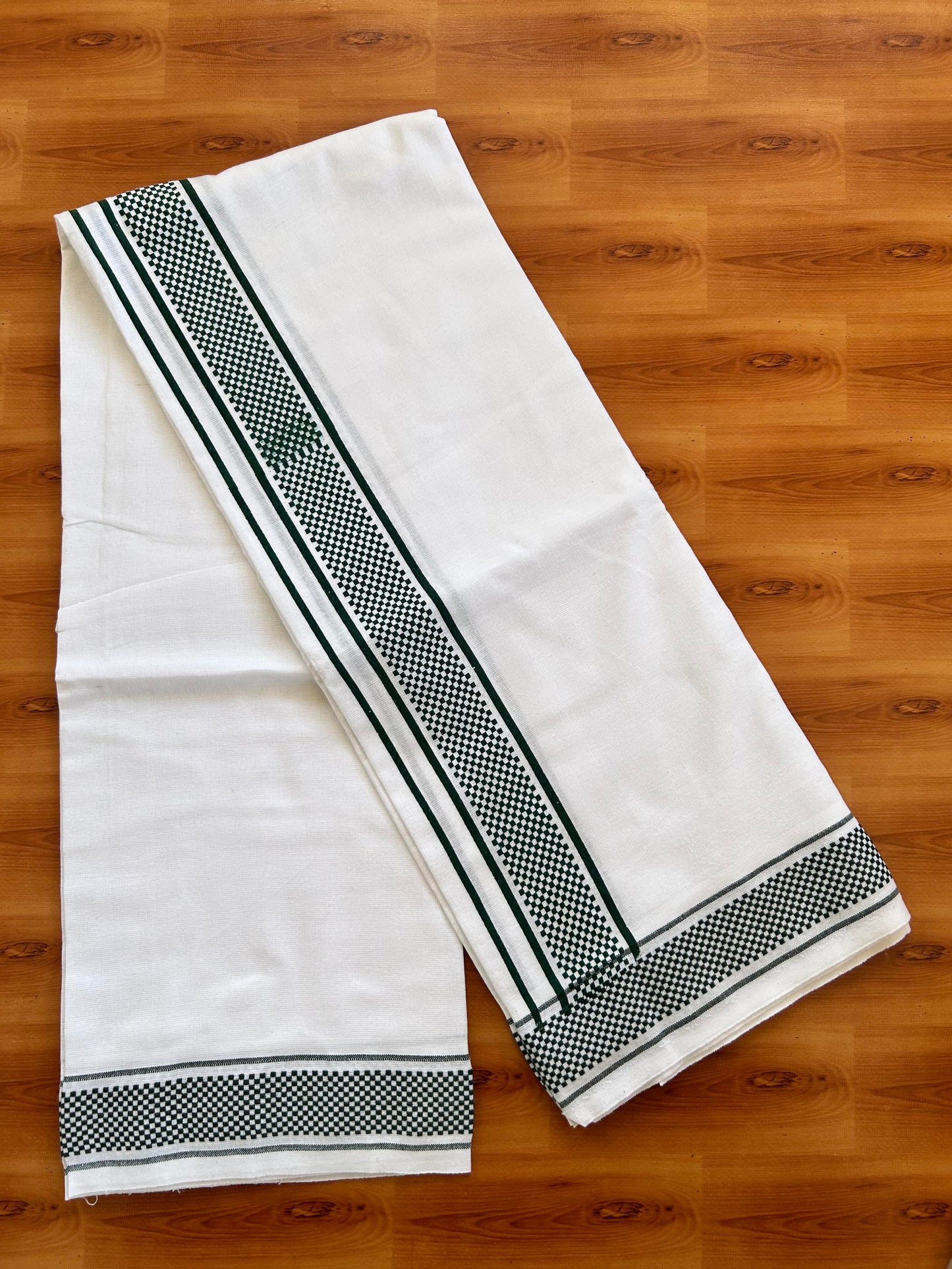 Kaitharikada - Single Kaily / Lungi - Mixed Cotton - 40s twisted - 2 inch Dark Green Check Printed Design Kara with White colour body (2 meter / 4 muzham) -  43 KK8062 GAN