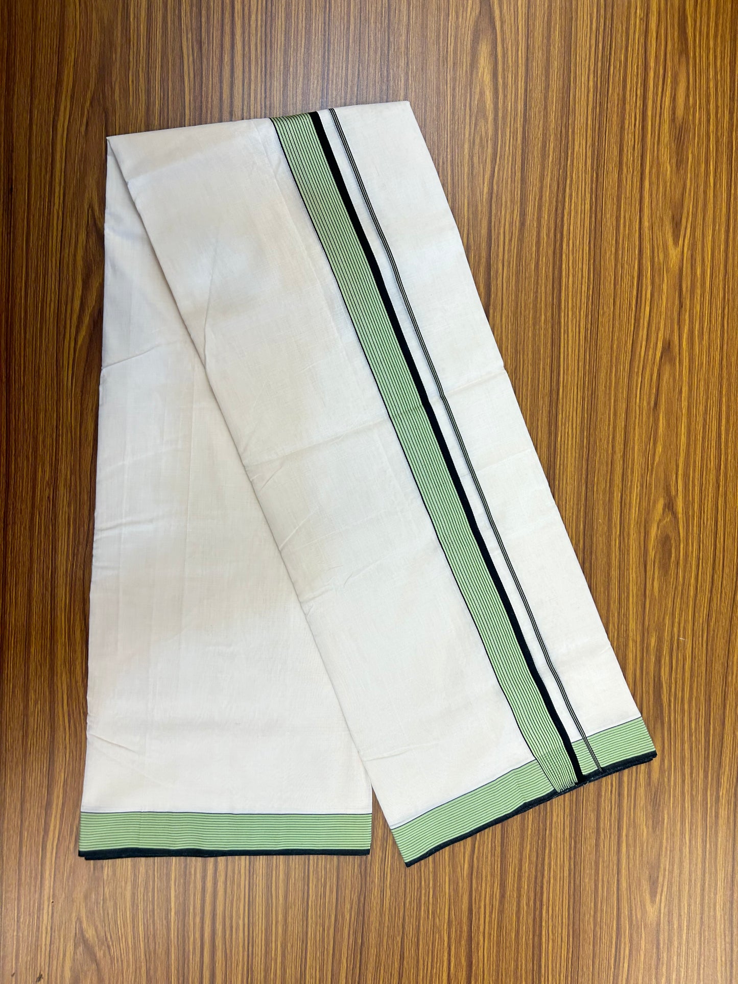 25% Discount!! KaithariKada Handloom Unakkupaav - Kerala Handloom - 100% Pure Cotton Off White - (Unbleached) Double Mundu/Dothi - 100x80 - 1.5 inch Black & Light Green Kara 4 mtr (8.5 muzham) - 65 KK5353 REA