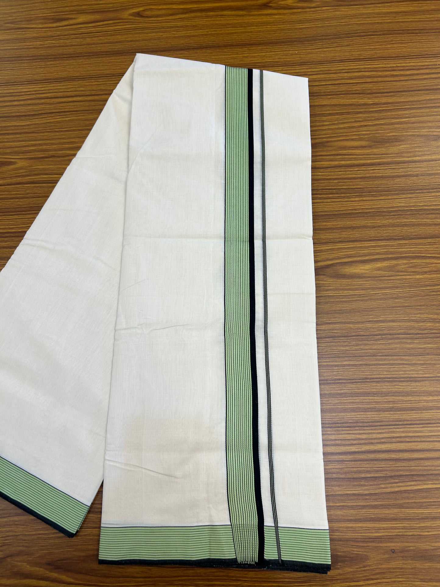 25% Discount!! KaithariKada Handloom Unakkupaav - Kerala Handloom - 100% Pure Cotton Off White - (Unbleached) Double Mundu/Dothi - 100x80 - 1.5 inch Black & Light Green Kara 4 mtr (8.5 muzham) - 65 KK5353 REA