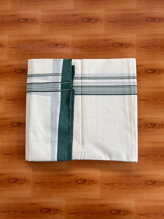 Double Off White (Unbleached) Mundu/Dhoti - 20% Discount! Kaitharikada 100% Pure Cotton - 100x80 - 1 inch Silver Kasav & Dark Green striped shaded Kara 4 mtr (8.5 muzham) - 1 KK5540 PMC