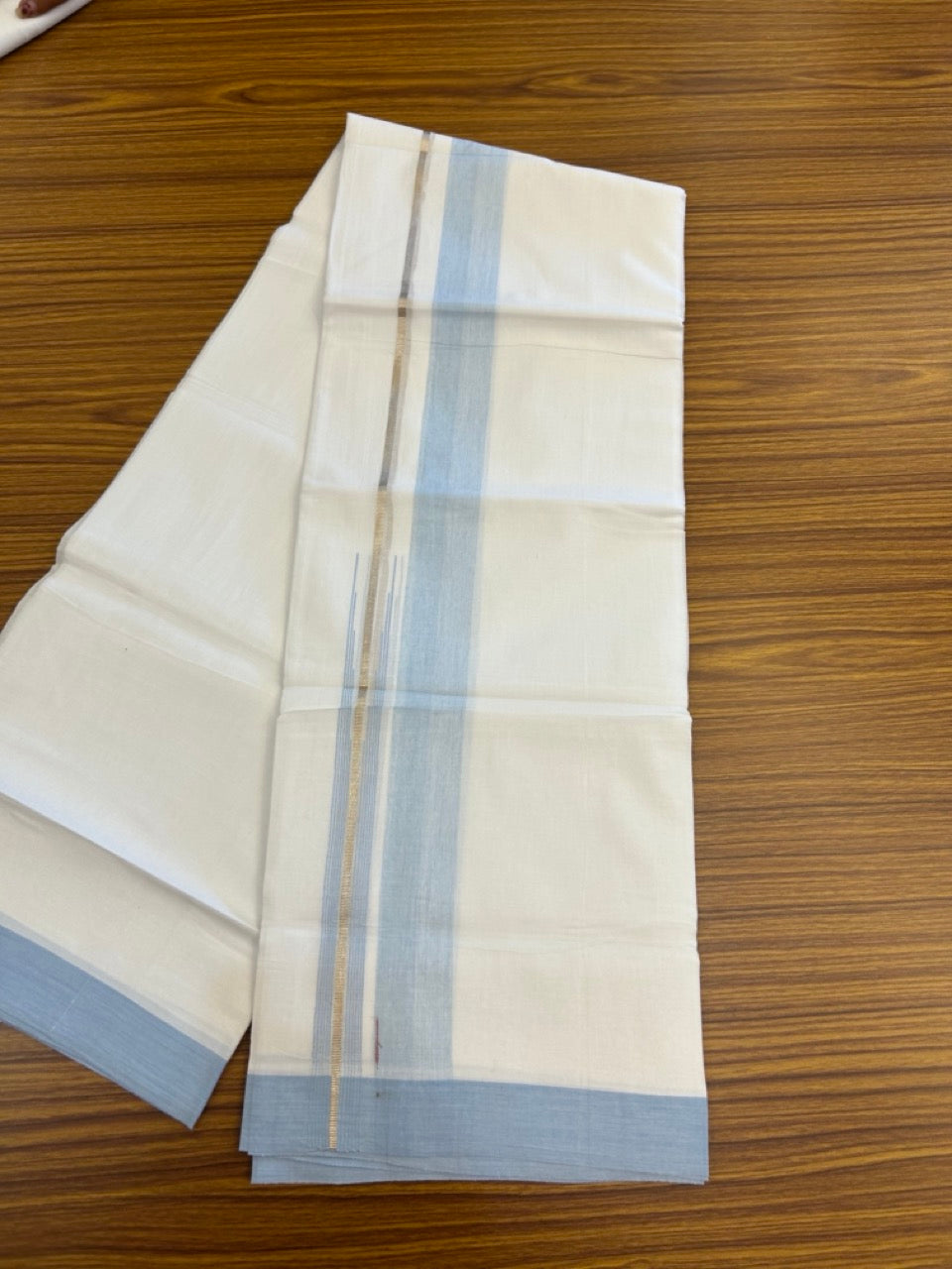 20% Discount ! Kaitharikada Balaramapuram 100% Pure Cotton Double Pure White Mundu/Dhoti - 100x80 - 1.5 inch Silver Kasav Light Blue shaded striped chutty 3.90 mtr (8.5 muzham) - 49 KK5287 PMC