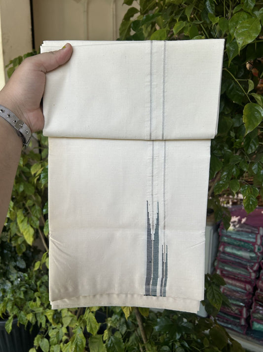20% Discount! KaithariKada 100% Cotton off white Single - (Unbleached) Mundu/Dhoti Twisted 100s Thread- 100X100 - 0.5 inch Puliyilakkara Silver Kasav Green & Black Chutty kara - 7 KK5323 ASH