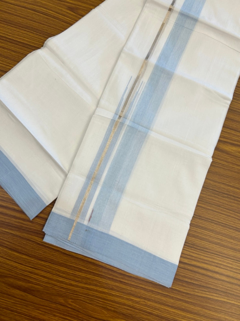20% Discount ! Kaitharikada Balaramapuram 100% Pure Cotton Double Pure White Mundu/Dhoti - 100x80 - 1.5 inch Silver Kasav Light Blue shaded striped chutty 3.90 mtr (8.5 muzham) - 49 KK5287 PMC