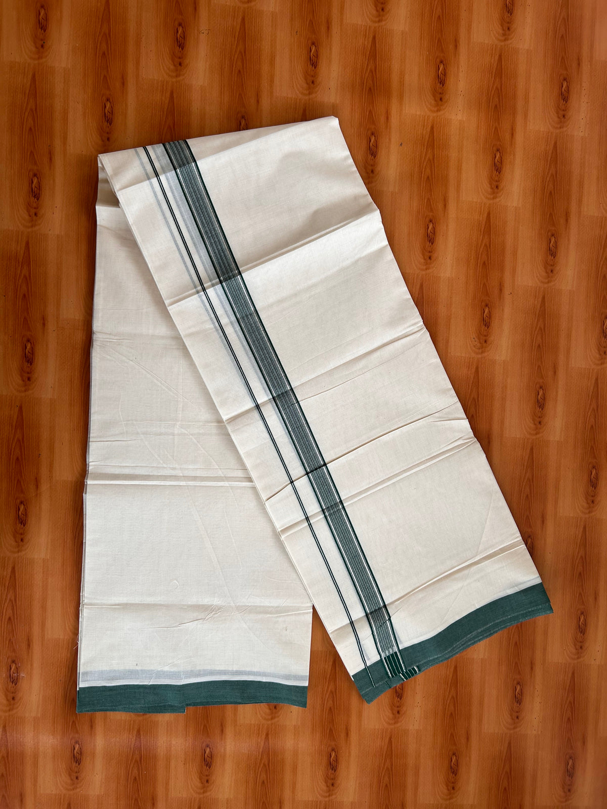 Double Off White (Unbleached) Mundu/Dhoti - 20% Discount! Kaitharikada 100% Pure Cotton - 100x80 - 1 inch Silver Kasav & Dark Green striped shaded Kara 4 mtr (8.5 muzham) - 2 KK5540 PMC