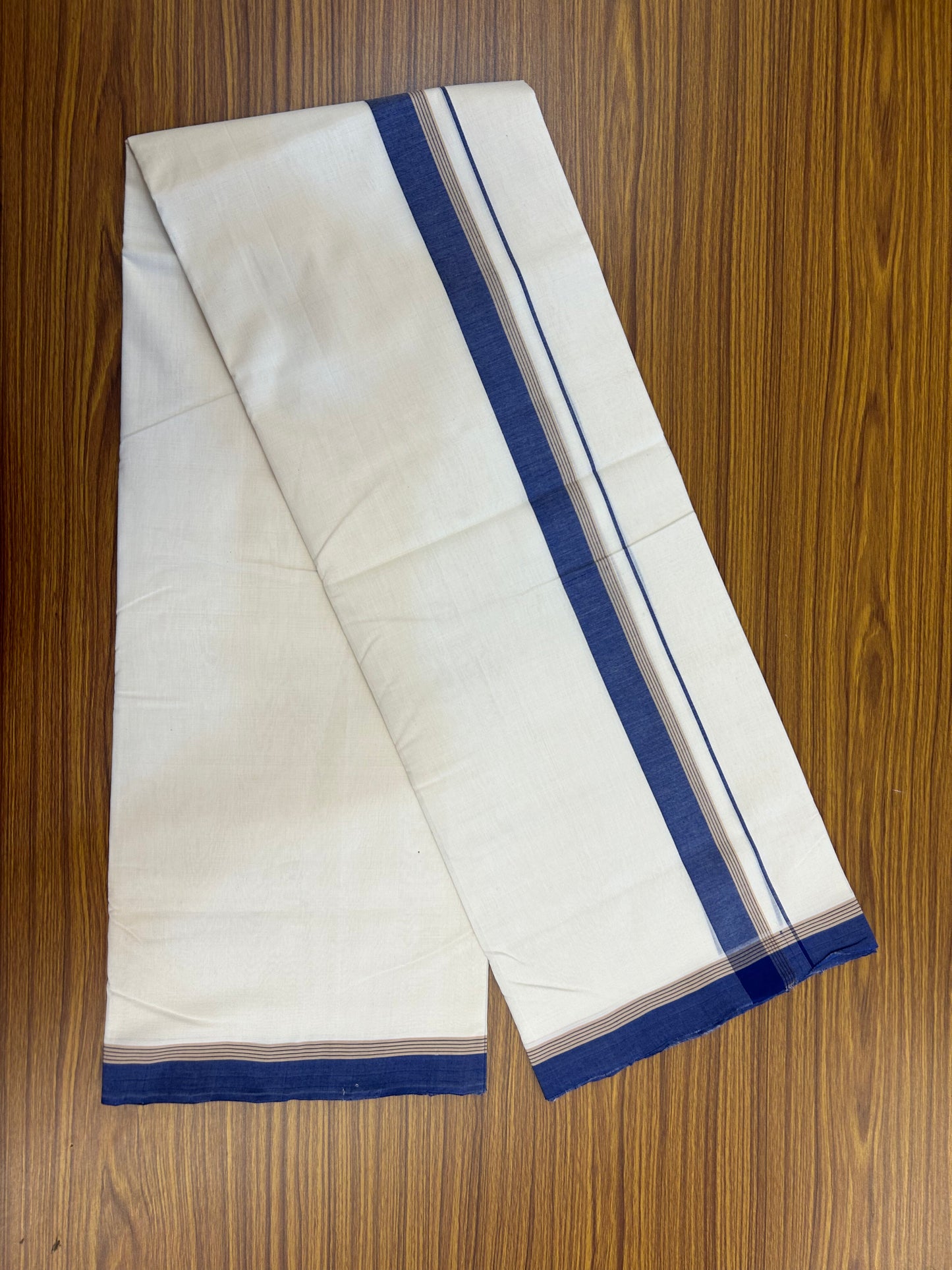 25% Discount!! KaithariKada Handloom Unakkupaav - Kerala Handloom - 100% Pure Cotton Off White - (Unbleached) Double Mundu/Dothi - 100x80 - 1.5 inch Light Brown & Blue Kara 4 mtr (8.5 muzham) - 66 KK5353 REA