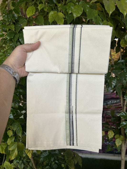 20% Discount! KaithariKada 100% Cotton off white Single - (Unbleached) Mundu/Dhoti - 100X100 - 0.75 inch Puliyilakkara Silver Kasav Pista Green & Black Chutty kara - 5 KK5323 ASH