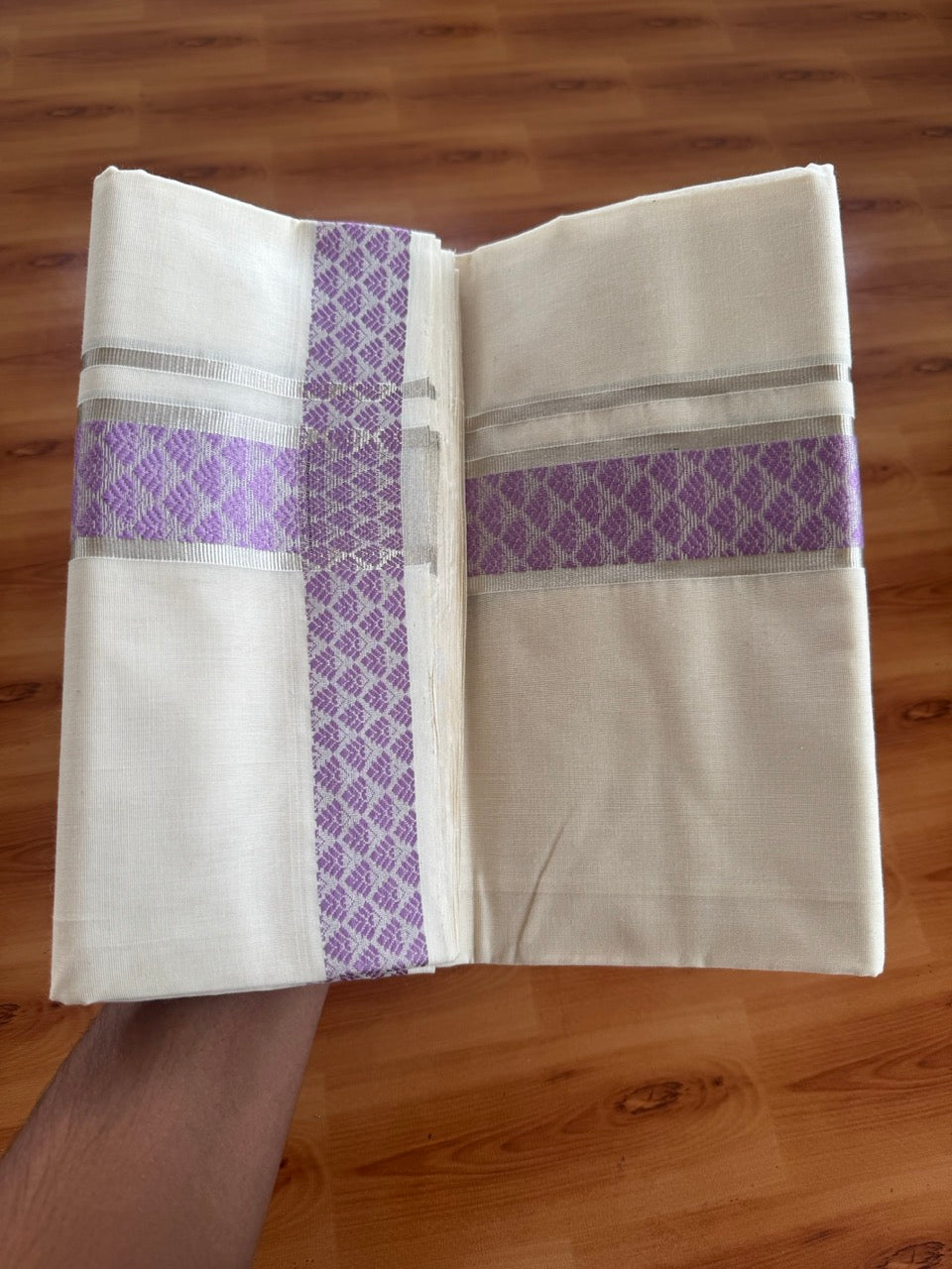 25% Discount ! Kaitharikada Handloom Unakkupaav - Kerala Handloom - 100% Pure Cotton Off White - (Unbleached) Double Mundu/Dhoti - 100x80 - 2 inch Silver Kasav & Lavander Jacquard Design Kara 4 mtr (8.5 Muzham) - 3 KK5503 SOM
