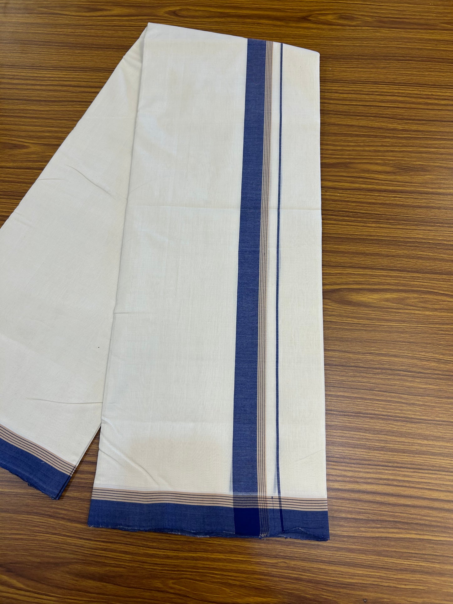 25% Discount!! KaithariKada Handloom Unakkupaav - Kerala Handloom - 100% Pure Cotton Off White - (Unbleached) Double Mundu/Dothi - 100x80 - 1.5 inch Light Brown & Blue Kara 4 mtr (8.5 muzham) - 66 KK5353 REA