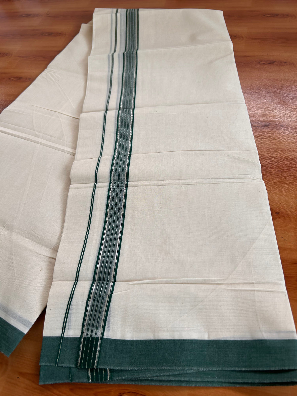 Double Off White (Unbleached) Mundu/Dhoti - 20% Discount! Kaitharikada 100% Pure Cotton - 100x80 - 1 inch Silver Kasav & Dark Green striped shaded Kara 4 mtr (8.5 muzham) - 2 KK5540 PMC