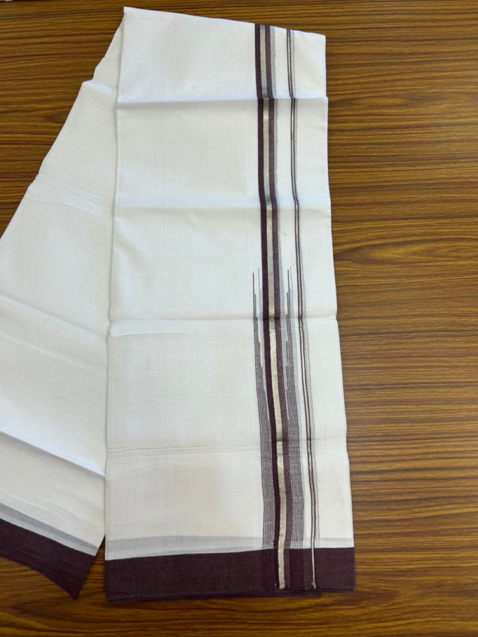 20% Discount ! Kaitharikada Balaramapuram 100% Pure Cotton Double Pure White Mundu/Dhoti - 100x80 - 1.5 inch Silver Kasav Dark Purple striped chutty 3.90 mtr (8.5 muzham) - 87 KK5287 PMC