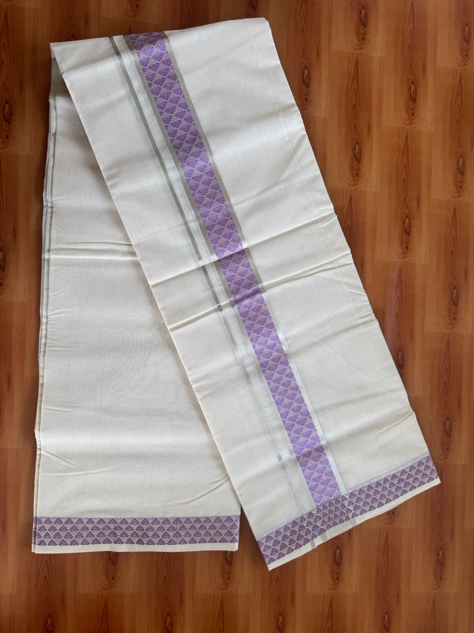 25% Discount ! Kaitharikada Handloom Unakkupaav - Kerala Handloom - 100% Pure Cotton Off White - (Unbleached) Double Mundu/Dhoti - 100x80 - 2 inch Silver Kasav & Lavander Jacquard Design Kara 4 mtr (8.5 Muzham) - 3 KK5503 SOM