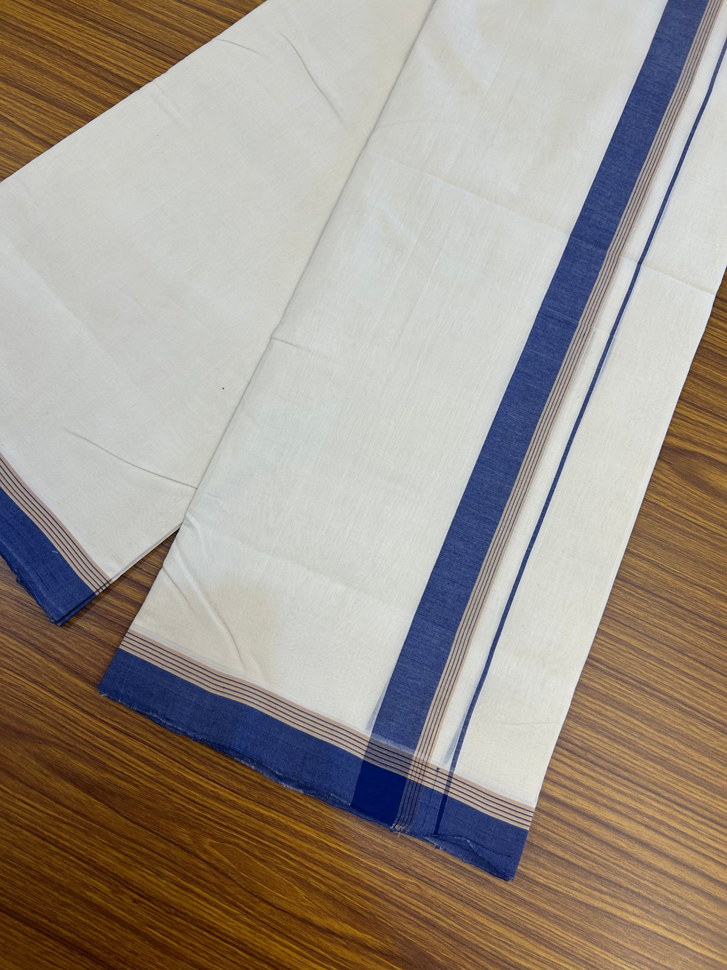25% Discount!! KaithariKada Handloom Unakkupaav - Kerala Handloom - 100% Pure Cotton Off White - (Unbleached) Double Mundu/Dothi - 100x80 - 1.5 inch Light Brown & Blue Kara 4 mtr (8.5 muzham) - 66 KK5353 REA