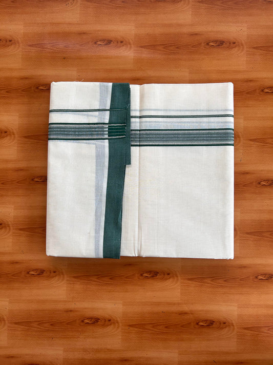 Double Off White (Unbleached) Mundu/Dhoti - 20% Discount! Kaitharikada 100% Pure Cotton - 100x80 - 1 inch Silver Kasav & Dark Green striped shaded Kara 4 mtr (8.5 muzham) - 2 KK5540 PMC